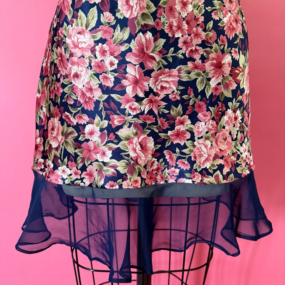 Vintage 80s 90s Coquette Rosette Floral Slip Dress Navy Ruffle Mini Slip Dress S - Picture 8 of 15